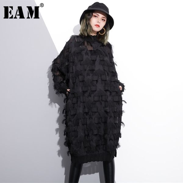 

eam] 2018 new autumn winter stand collar long sleeve perspective black loose tassels big size dress women fashion tide ji780, White;black