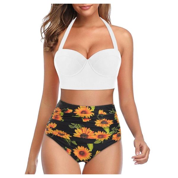 

женская сексуальная высокая талия бюстгальтер бикини set push up two piece купальники плюс размер цветочные печати купальник дамы бикини с г