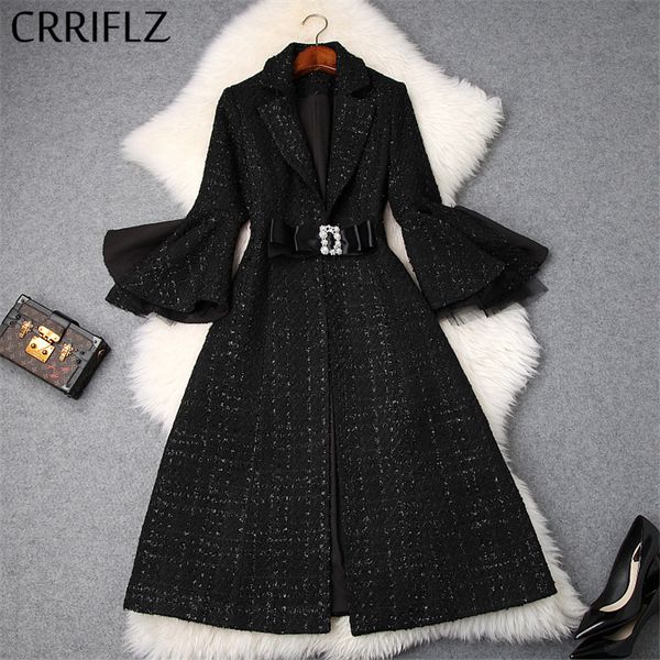 

women's wool & blends winter women woolen coat tweed black diamond bow lace-up waist flare sleeve long warm office lady