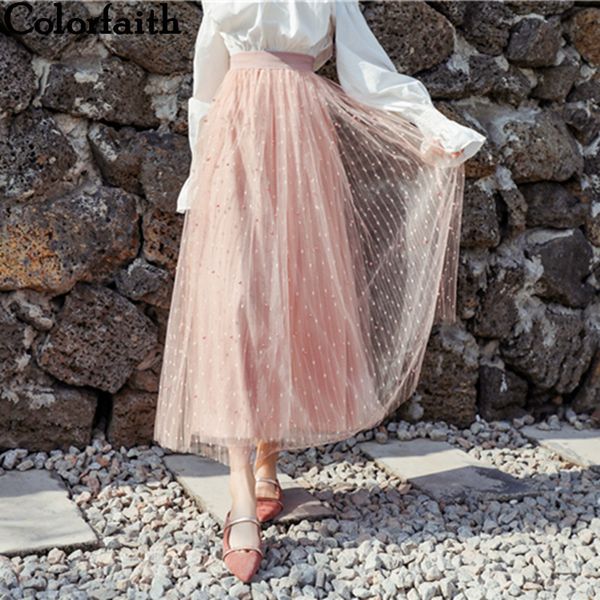 

colorfaith 2019 women casual mesh flared beading long tutu skirt spring summer pleated sweet ball gown high waist female sk7109, Black;gray