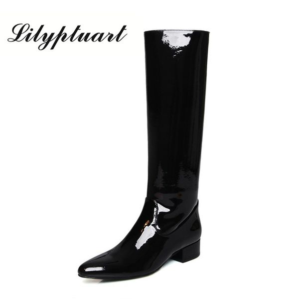 

european and american style patent leather boots rubber bottom pointed women's knee high boots womens winter fashion 2019, Black