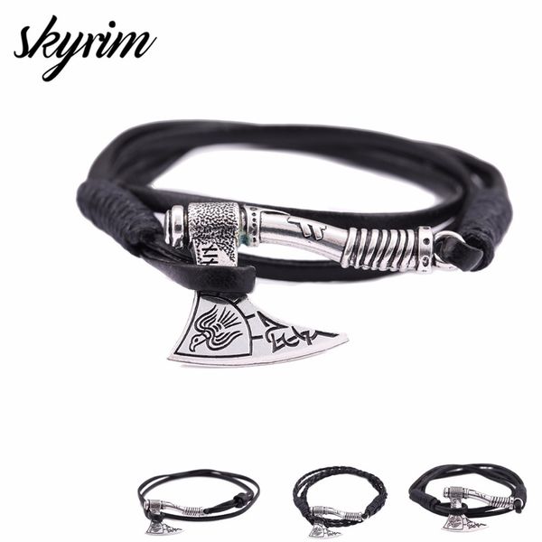 

skyrim perun's axe charm wrap men leather bracelets bangle anchor multilayer punk vintage rope viking bracelet for men gift, Black