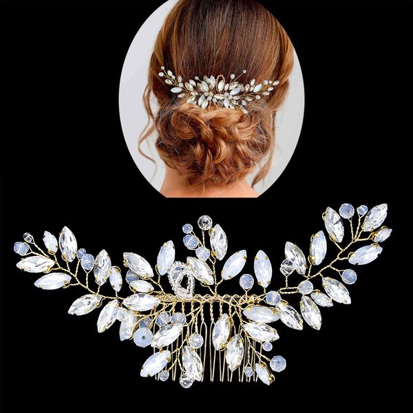 

wedding hair combs bride head ornaments pearl headdress hair accessories bridal rhinestone weave women's jewelry, Golden;white