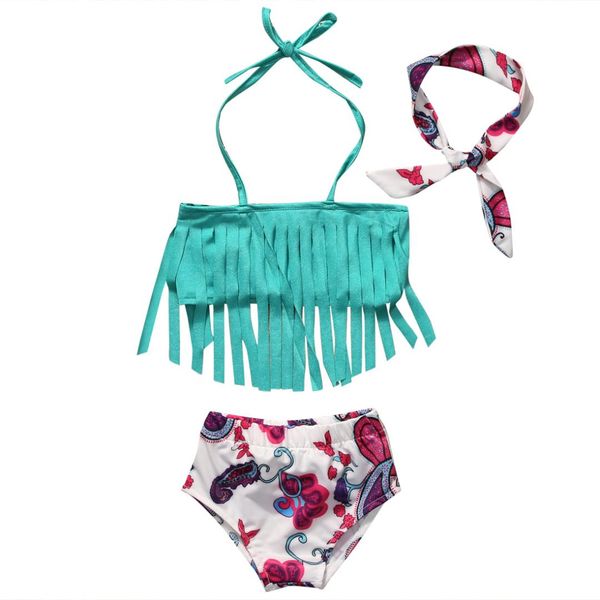 

kawaii kids swimwear girls 3pcs tankini bikini set tassels swimwears print swimsuit triangle bathing suit beachwear