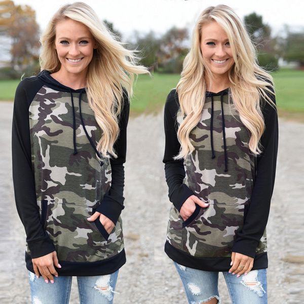 

women's long-sleeved long stitching camouflage hoodie sweatshirt street wind pullover hooded shirt#40, Black