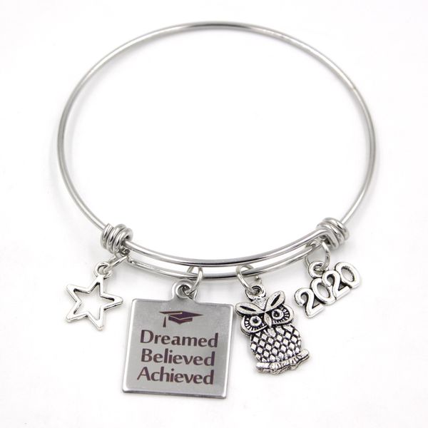 

wholesale new arrival stainless steel wire bangle bracelet owl star 2020 dreamed believed achieved charm bracelets for graduaters gifts, Golden;silver