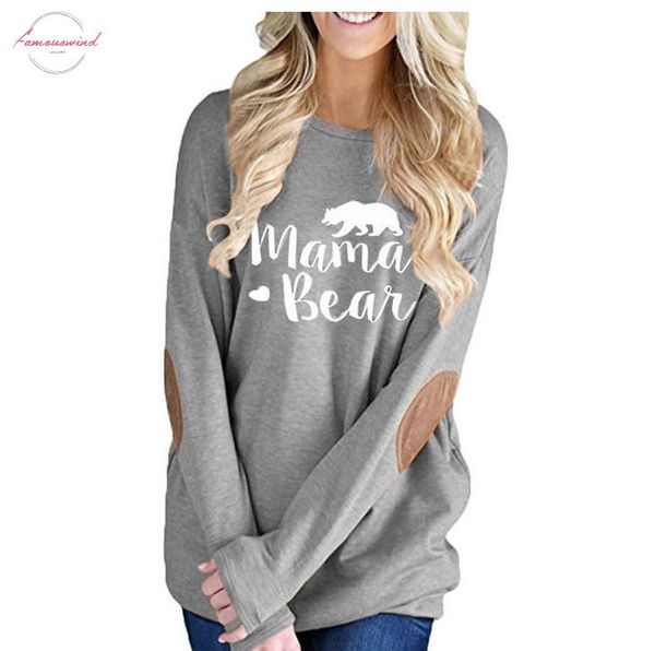 

female elbow patch loose tee shirt women mama bear letter print round neck casual women color block long sleeve t, White