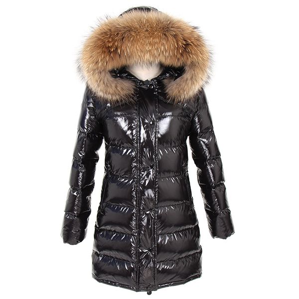 

2019 winter new large raccoon fur collar slim thin thick down jacket in the long coat female, Black