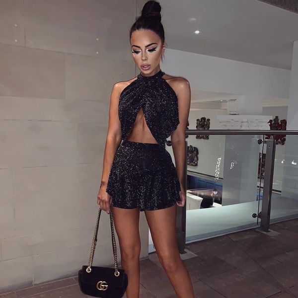 

fuedage glitter hollow out two piece set summer women backless party short and mini skirt set 2 piece women outfit, White