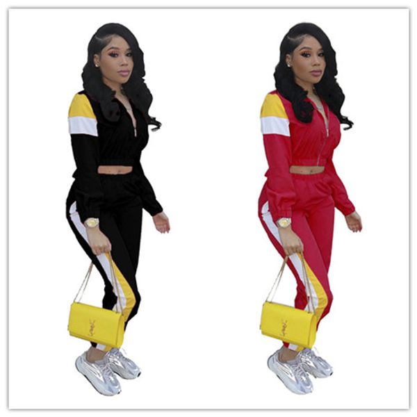 

women summer tracksuit long sleeve crop zipper jacket coat + pants 2 piece sportswear patchwork outfits s-3xl sports suit clubwear 2019 a372, Gray