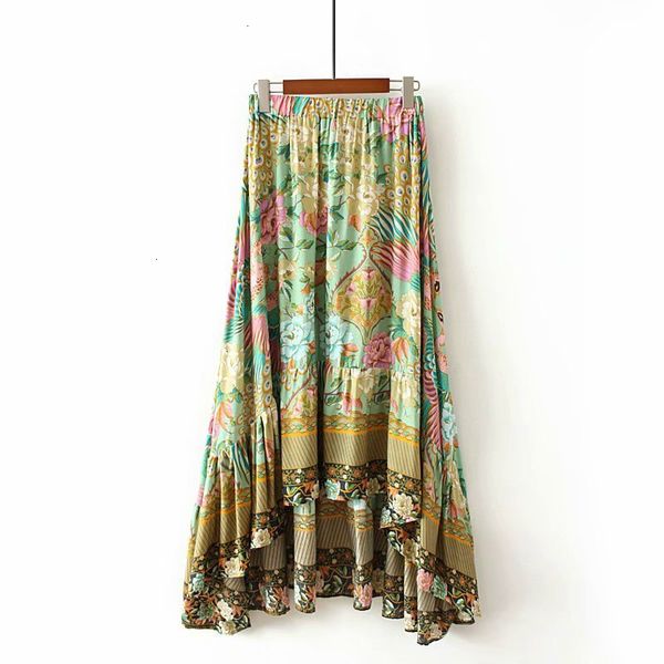 

дизайнер женщина юбка vintage chic мода женщина цветочная peacock печать пляж bohemian юбка высокой эластичный пояс maxi линия юбка femme, Black