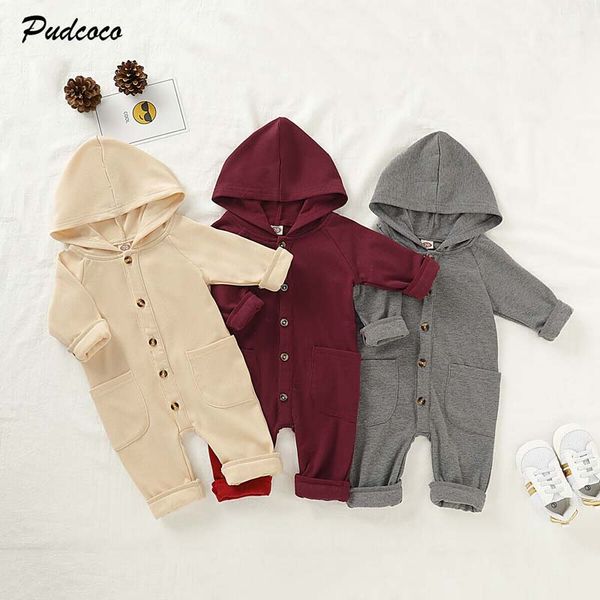 

2019 brand infant baby rompers boys girls kids solid color hooded pockets romper winter autumn jumpsuit clothes baby, Blue