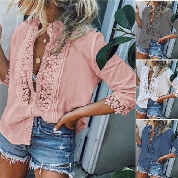 

women's mid-sleeve t- in season 2019 lace casual t- lace shirt loose shirt, White