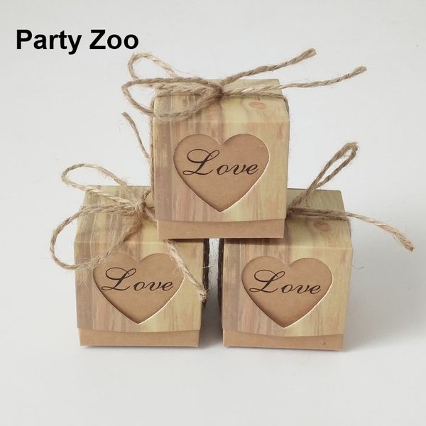 

1000 x rustic square candy box love kraft bonbonniere paper boxes with burlap jute twine for wedding party decor