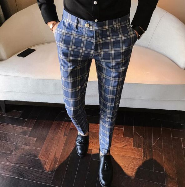 

men's pants plaid business casual slim fit homme classic vintage check suit trousers wedding slim pants, Black