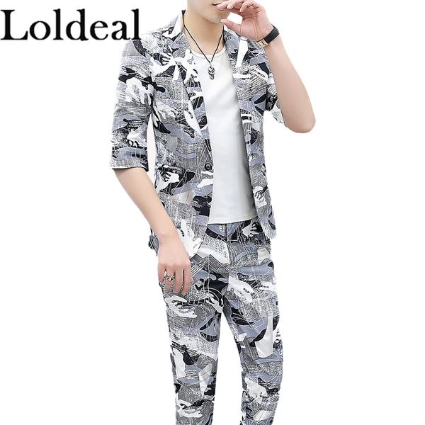 

loldeal men's 3/4 sleeve suit set fashion floral batik slim one button blazer + long pants, White;black