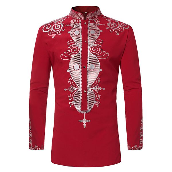 

mens hipster african print dashiki dress shirt 2018 brand new tribal ethnic shirt men long sleeve shirts africa clothing camisa, Red