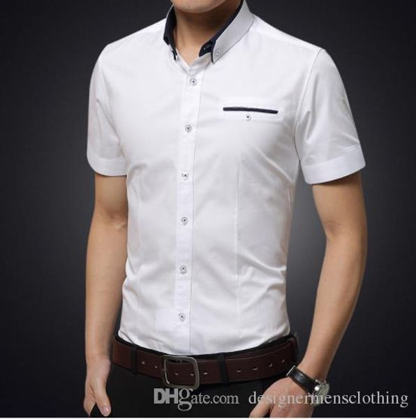 

pure color turn down воротник mens casual рубашки с коротким рукавом тощий подросток топы мода мужской летняя одежда, White;black