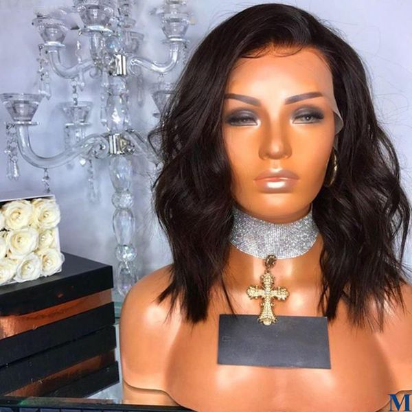 

8"-16"natural color bob human hair 360 lace frontal wigs baby hair 180density 13x6 lace front malaysia remy wavy bob wigs, Black;brown