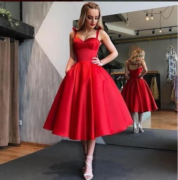 

2019 elegant red cocktail dresses tea length a line spaghetti straps satin formal occasion party dresses, Black