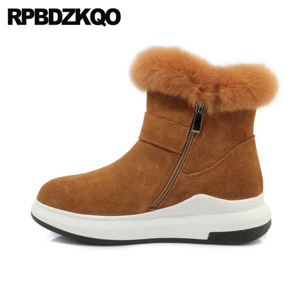 

size 4 genuine leather plush fur furry booties shoes suede round toe short 2019 winter snow boots women ankle, Black