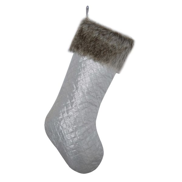 

silvery sparkle diamond quilted with faux fur cuff christmas stocking fashionable socks 10"x19