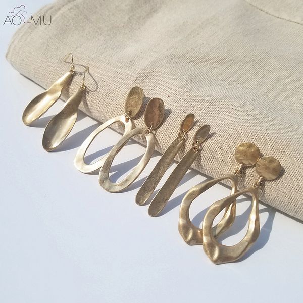 

aomu 2018 design vintage exaggerate irregular fold metal round oval big circle earring gold thick long drop earrings for women, Silver