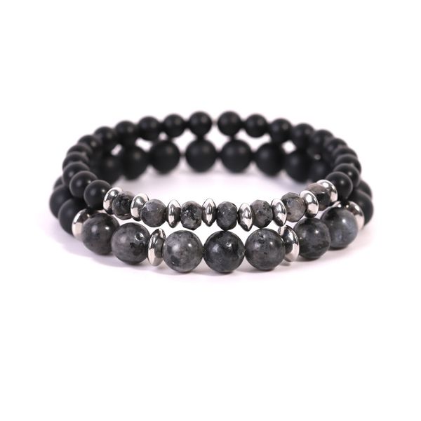 

vintage stainless steel sapcer charm retro natural stone beaded bracelets 1 set natural labradorite stone bracelets male couple, Black
