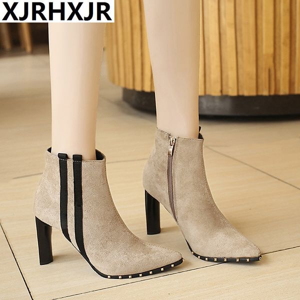 

high heels shoes woman autumn winter flock ankle boots 9cm high pointed toe short boots black khaki size 34-39