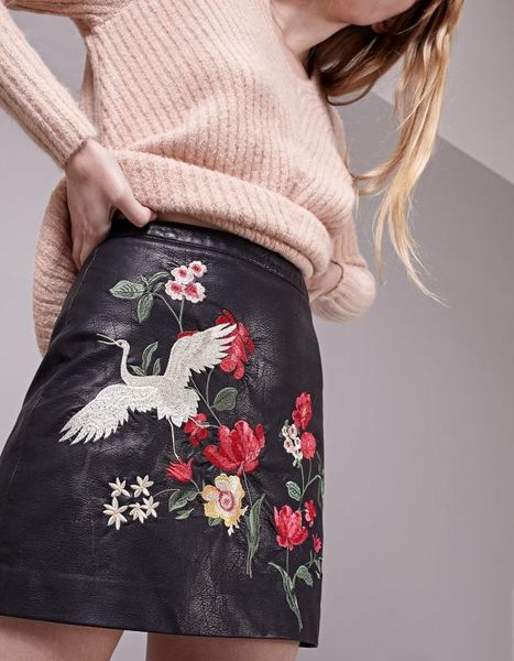 

woman a-line faux leather woman skirts embroidering skirts harajuku womens, Black