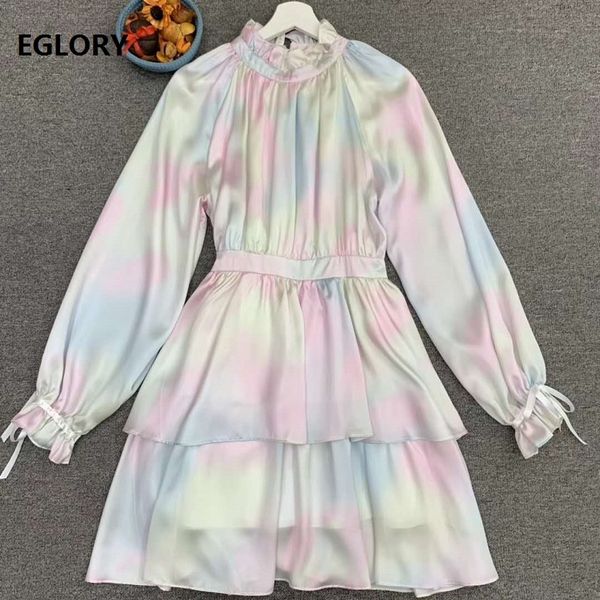 

new celebrity style dress 2020 summer women gradient color print cascading ruffle long sleeve dress noble, Black;gray