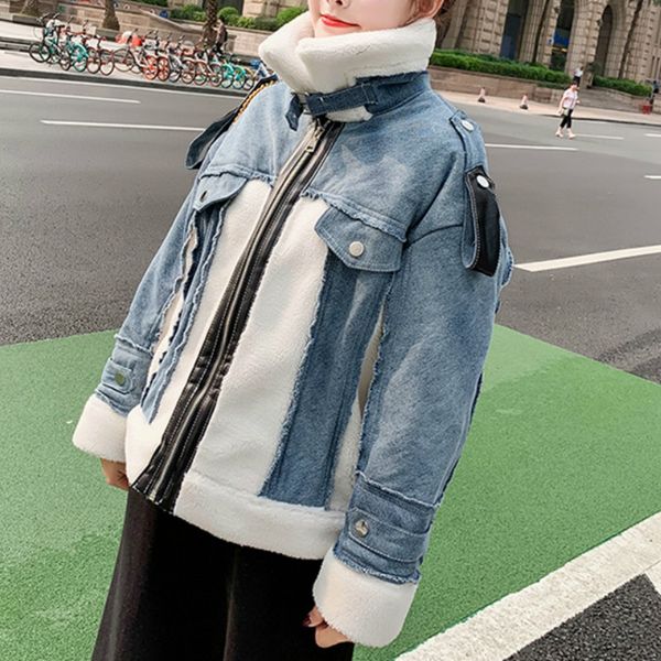 

women heavy weight warm borg patch denim parka jacket coat, Black