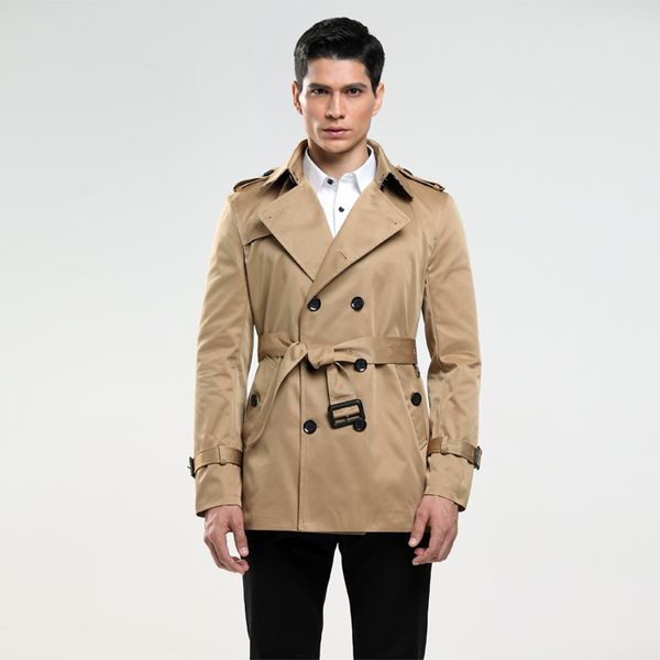 

fashion double breasted trench male design slim fit business casual outerwear 5colors plus size customized short coat trench, Tan;black