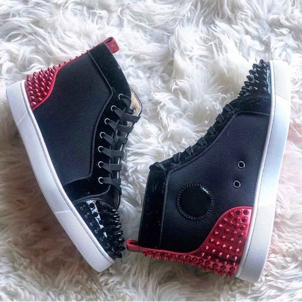 

с коробкой, u35-47] шипы iii нейлон кожа кроссовки марки red bottom скейтборд high top заклепки повседневный flats мужчины, женщины лучший, Black