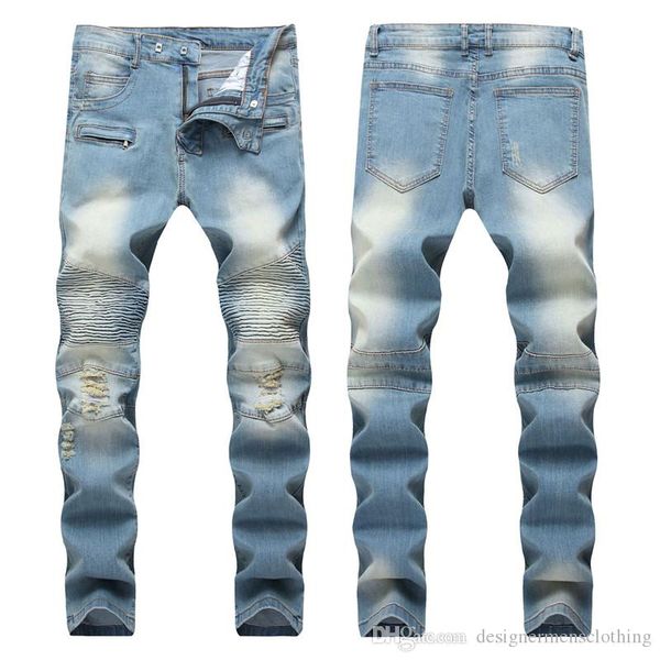 

designer fold light blue straight trousers mens modern slim long distrressed jeans fashion male clothing