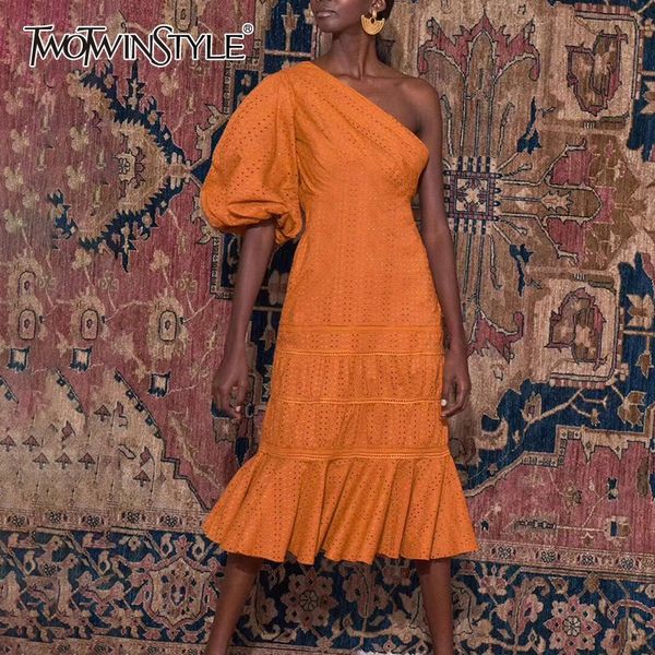 

twotwinstyle casual solid women dress one shoulder puff sleeve high waist sashes hollow out midi dresses female fashion summer, Black;gray