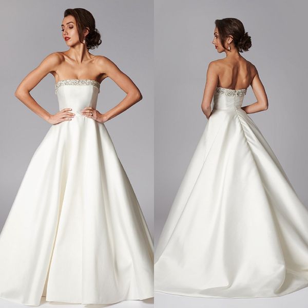 

simple a line grace philips dresses straoless sleeveless satin crystal ruched wedding gown sweep train robe de mariÃ©e, White