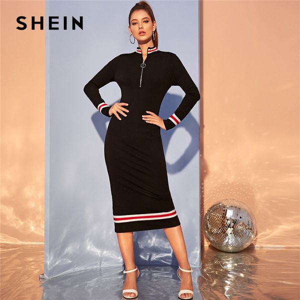 

shein black o-ring zip front split hem tape striped bodycon long dress women autumn stand collar sporting casual pencil dresses, Black;gray