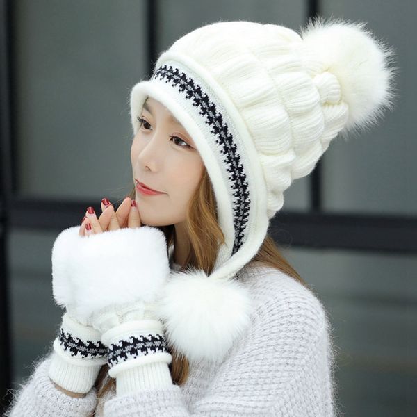

warm women cap gloves set faux fur winter hat gloves sets fashion windproof ear flap beanie bonnet, Blue;gray