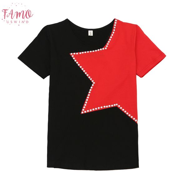 

patchwork star diamonds o neck tshirt 2019 new summer women clothes shirt camiseta mujer shirt high street t94905l, White