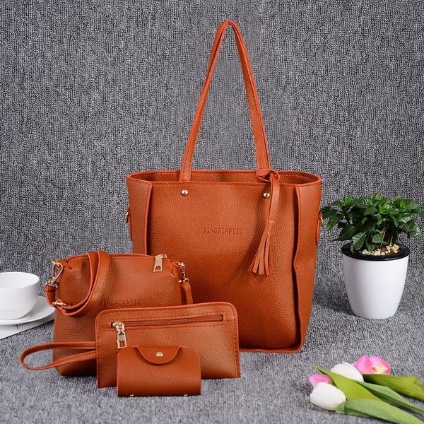 

puimentiua 4pcs/set fashion pu leather women bag large solid tote bags composite casual tassel female shoulder bag sets handbags