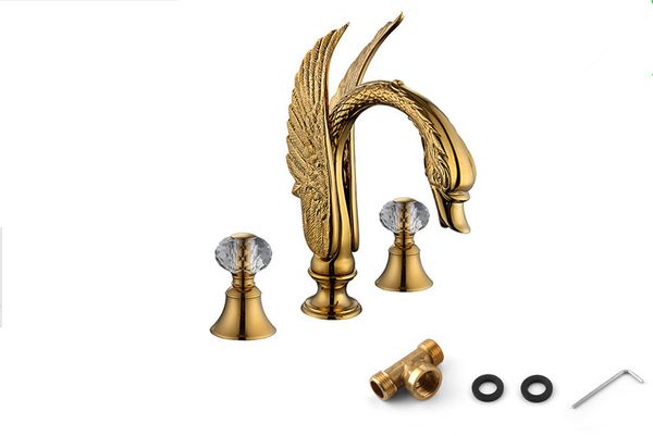 

gold clour 3 pieces swan sink faucet widespread lavatory basin mixer tap clear crystal handles deck mounted