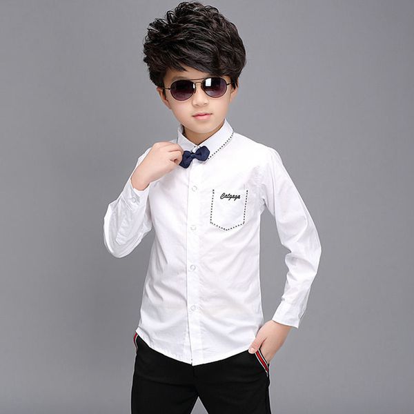 

2019 fashion new teenage boys black&white cotton formal shirts big boys wedding shirts with bowtie children school clothes, White;black