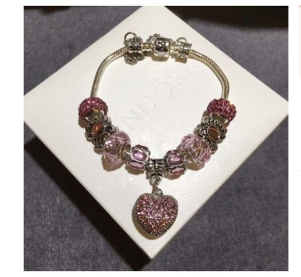 

Шарм Браслет Стерлингового Серебра 925 РозовыйКристаллическое Сердце Мотаться Подвеска Пандора Браслеты Для Женщин Браслет Глины Розовый Хрустальные Бусины Diy Ювелирные Изделия