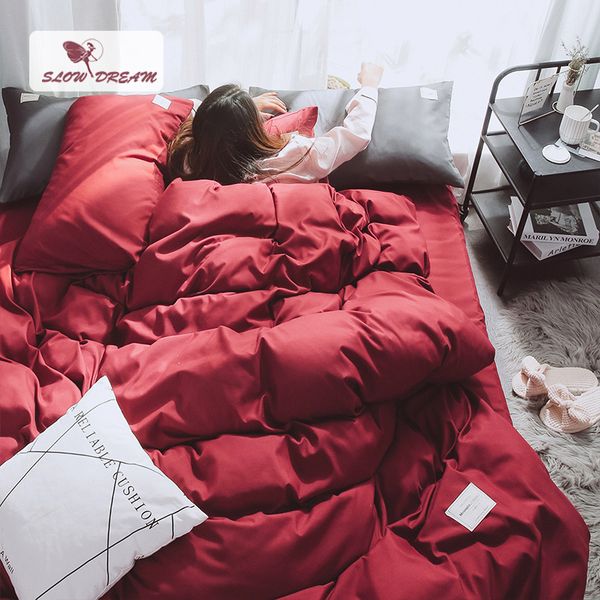

slowdream wine red bedding set bedspread double  bed flat sheet linens decor home duvet cover set japan style luxury bed