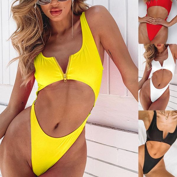 

1pc women hollow belly swimwear lady swimsuit ladies solid color bikini front zipper bathing suit