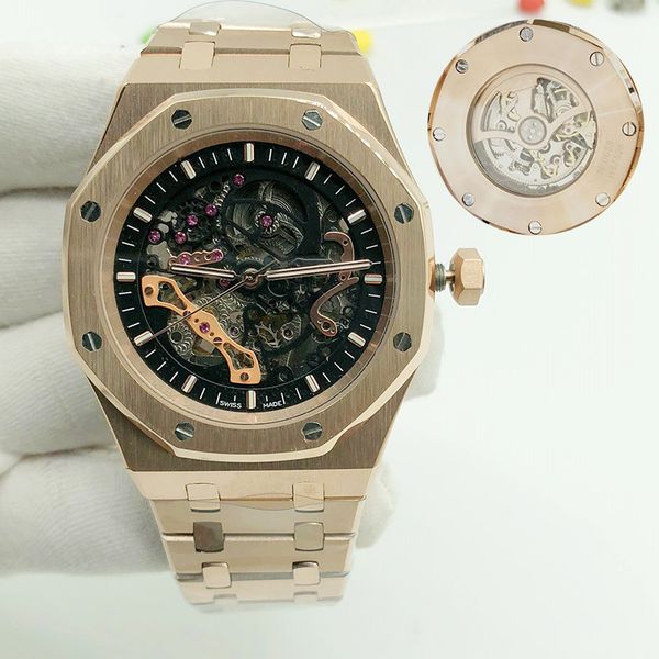 

classic wristwatch mens automatic 42mm watches hollow 50m waterproof watches full luminous steel strap luxury sapphire stainless st medt, Slivery;brown