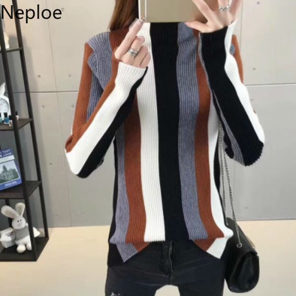 

neploe korean fashion striped knitted sweater women half high collar bottom pullovers wild pull femme autumn winter 46632, White;black