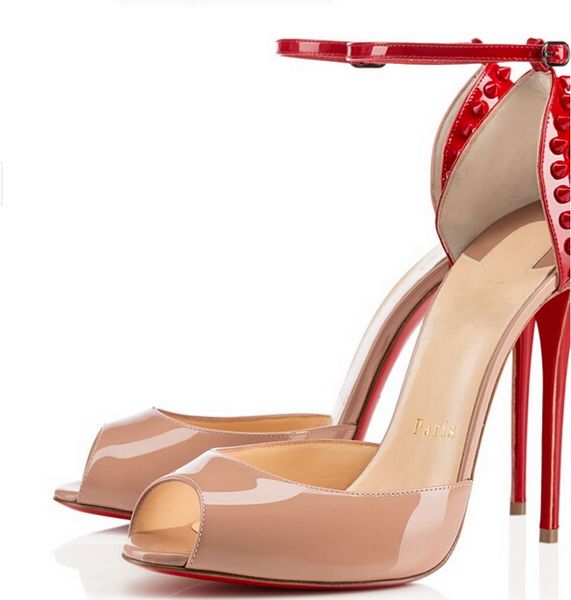 

new brand red bottom women fashion rivets high heels dress shoes nude patent leather 12cm heel open toes sandals big size eu 34 to 42, Black