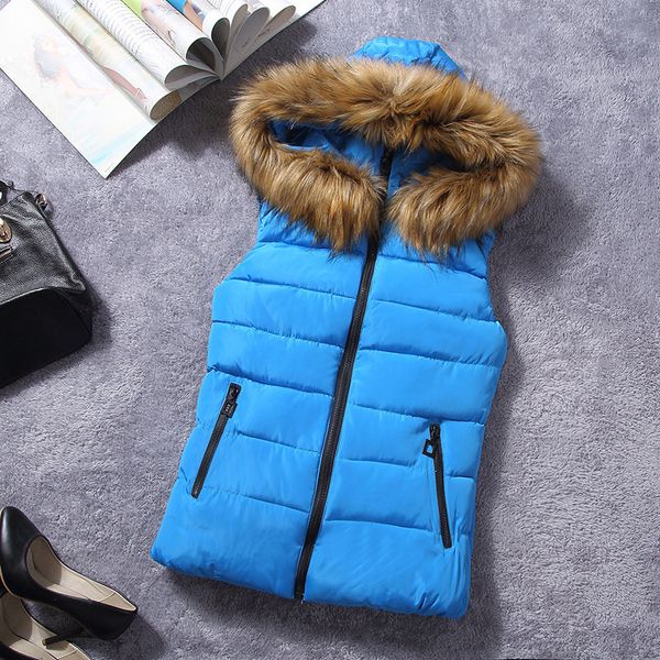 

winter vest children girls jacket coat down cotton casual hooded big virgin fur vests waistcoat kids fashion outwear, Blue